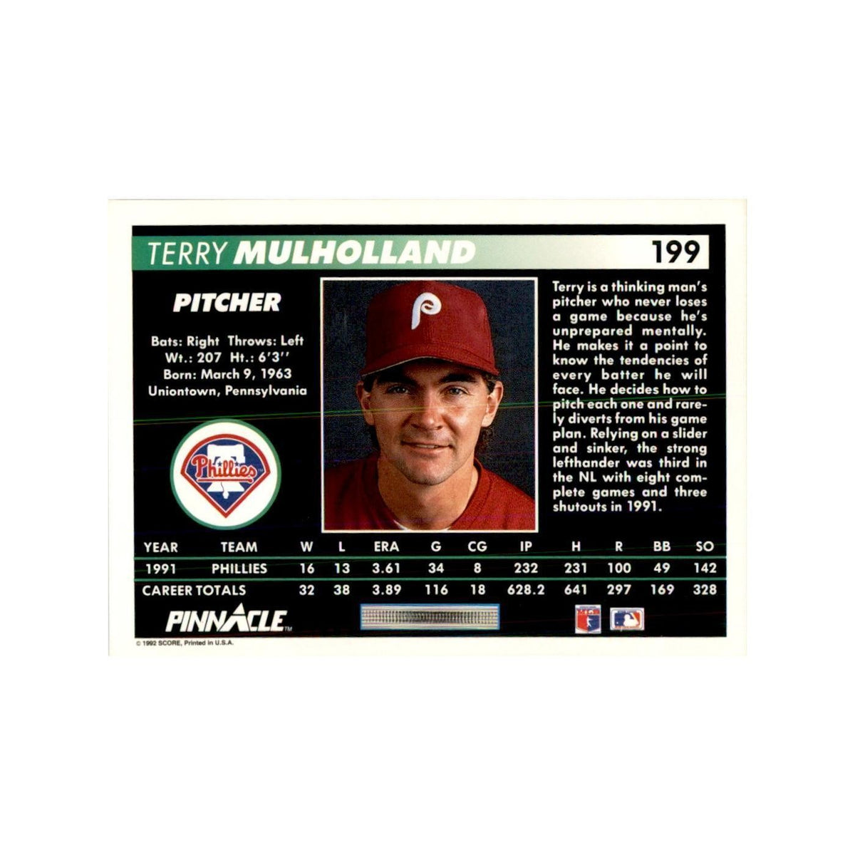 1992 Pinnacle Terry Mulholland Baseball Cards #199
