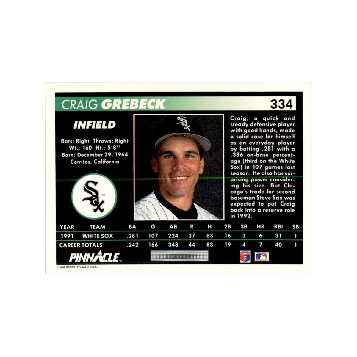 1992 Pinnacle Craig Grebeck Baseball Cards #334