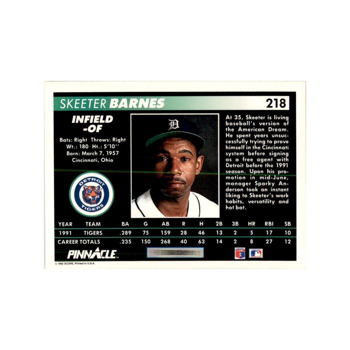 1992 Pinnacle Skeeter Barnes Baseball Cards #218