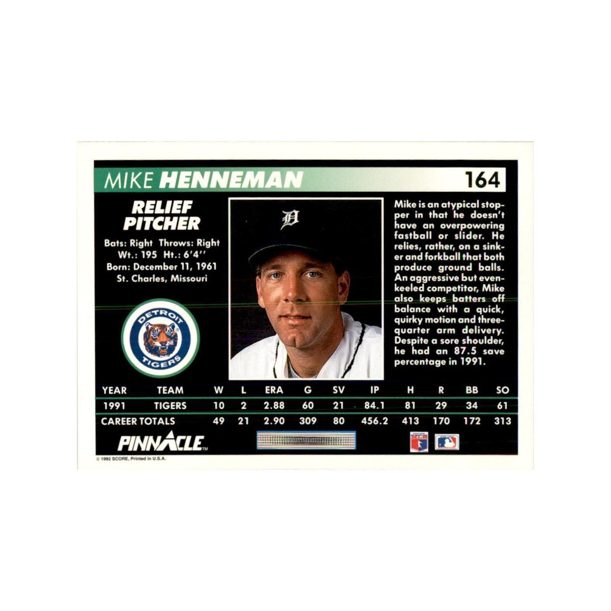 1992 Pinnacle Mike Henneman Baseball Cards #164