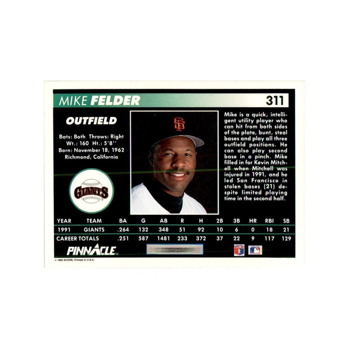 1992 Pinnacle Mike Felder Baseball Cards #311
