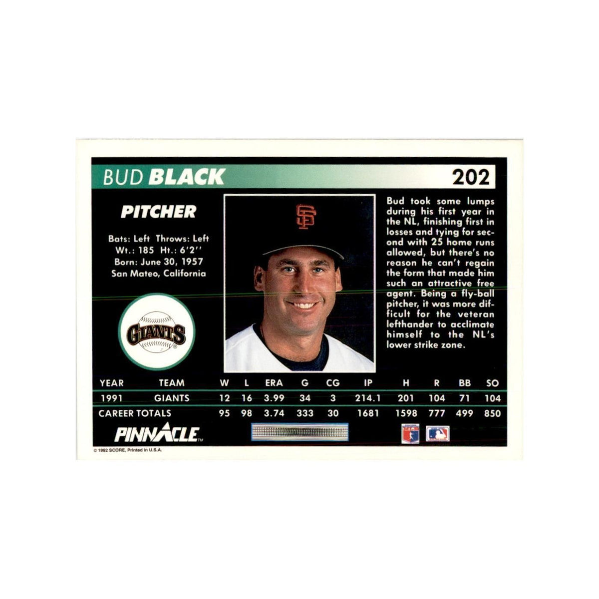 1992 Pinnacle Bud Black Baseball Cards #202