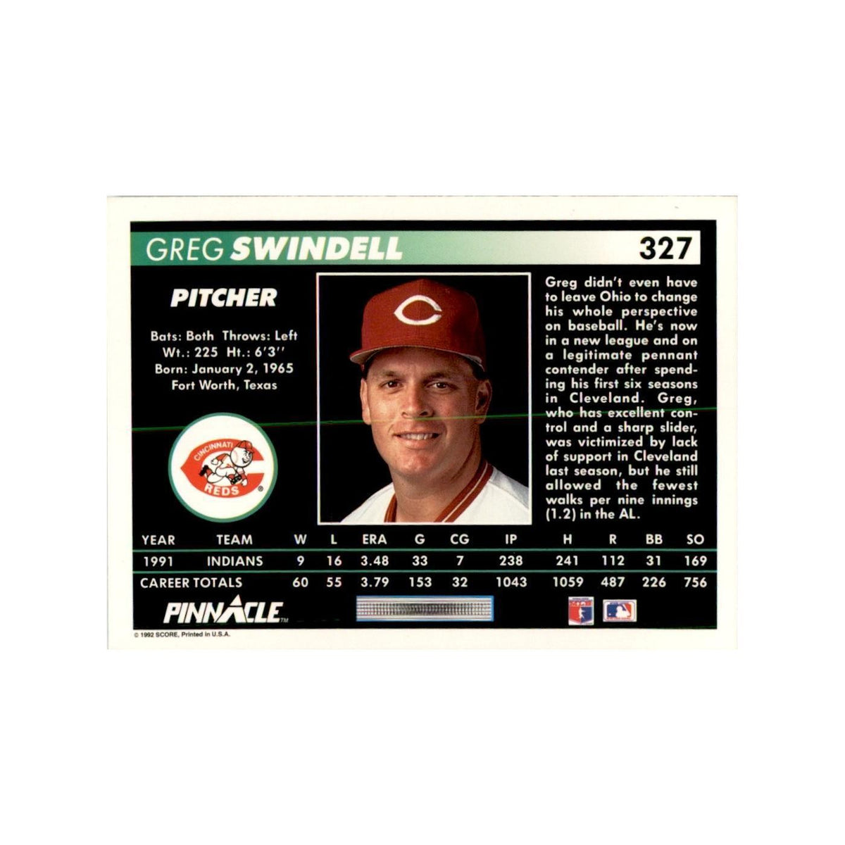 1992 Pinnacle Greg Swindell Baseball Cards #327