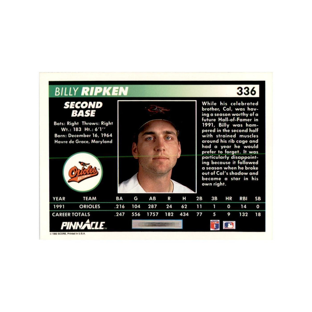 1992 Pinnacle Billy Ripken Baseball Cards #336