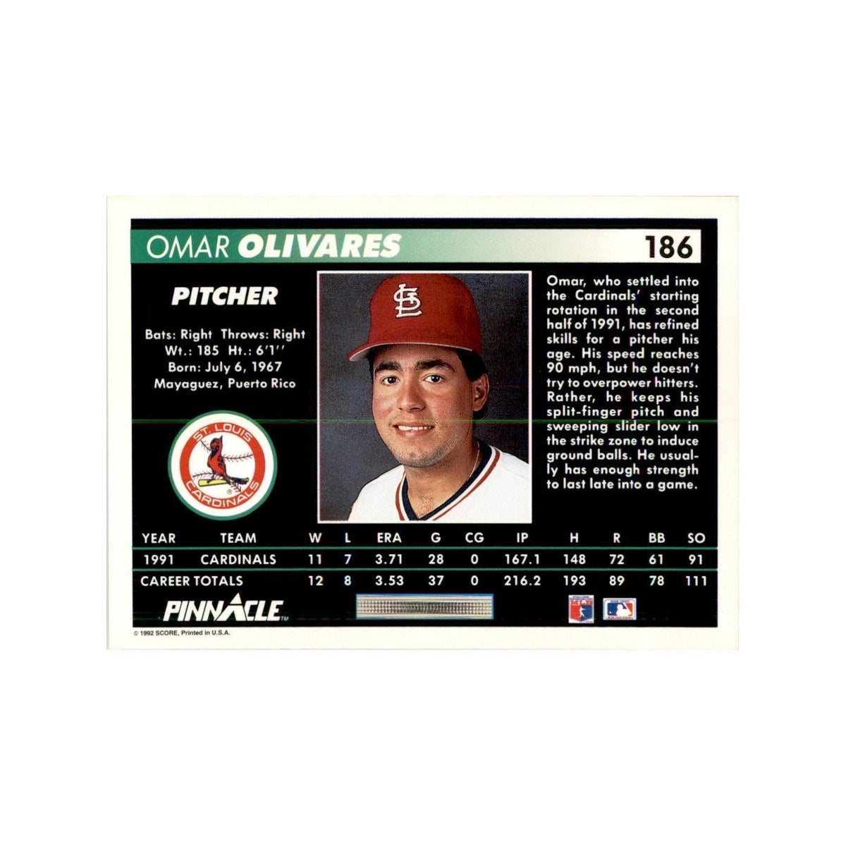 1992 Pinnacle Omar Olivares Baseball Cards #186