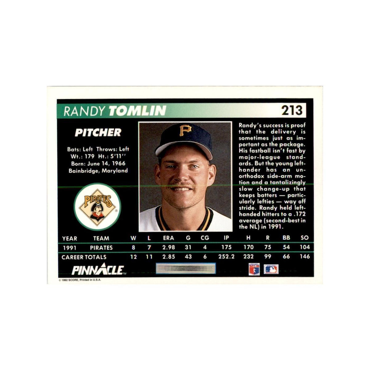 1992 Pinnacle Randy Tomlin Baseball Cards #213