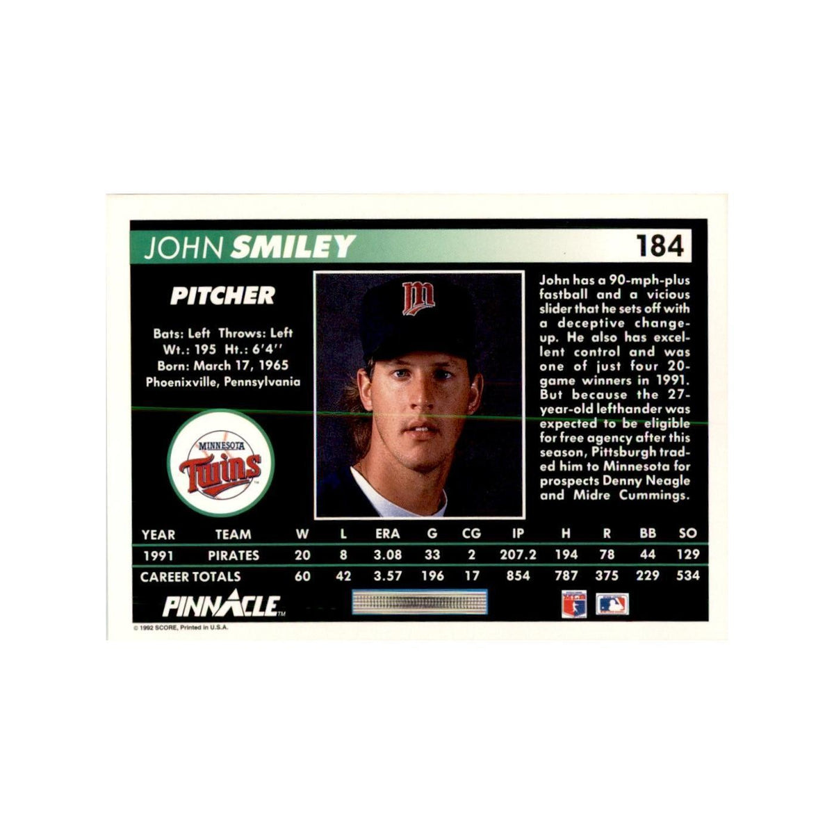 1992 Pinnacle John Smiley Baseball Cards #184