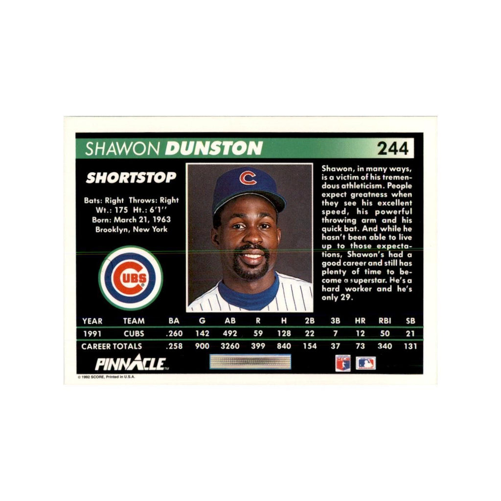1992 Pinnacle Shawon Dunston Baseball Cards #244