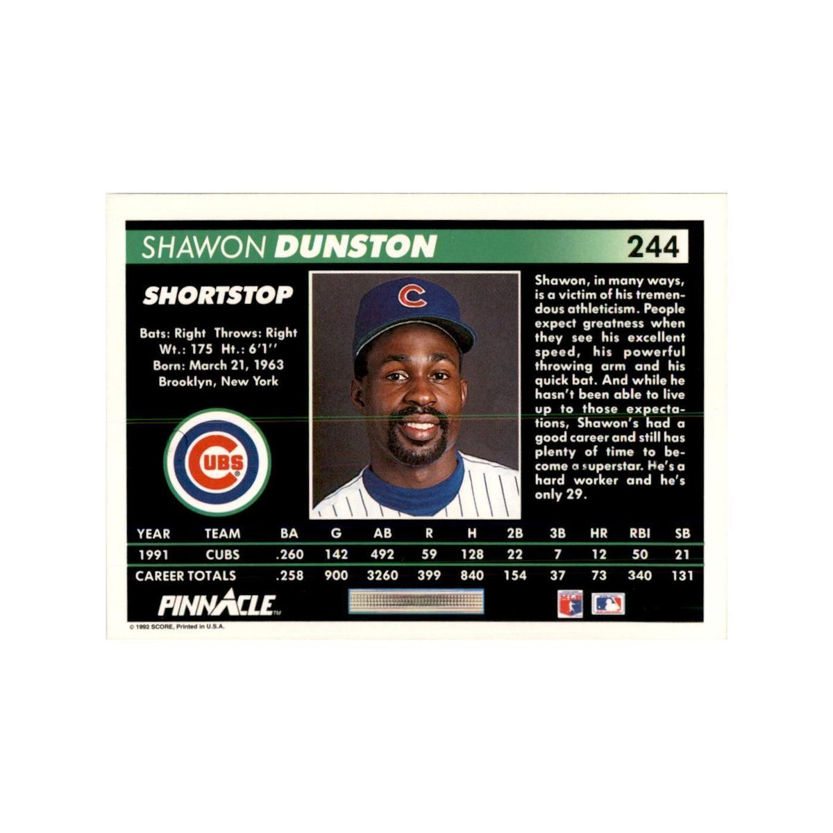 1992 Pinnacle Shawon Dunston Baseball Cards #244