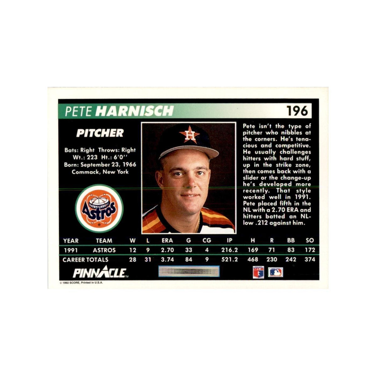 1992 Pinnacle Pete Harnisch Baseball Cards #196