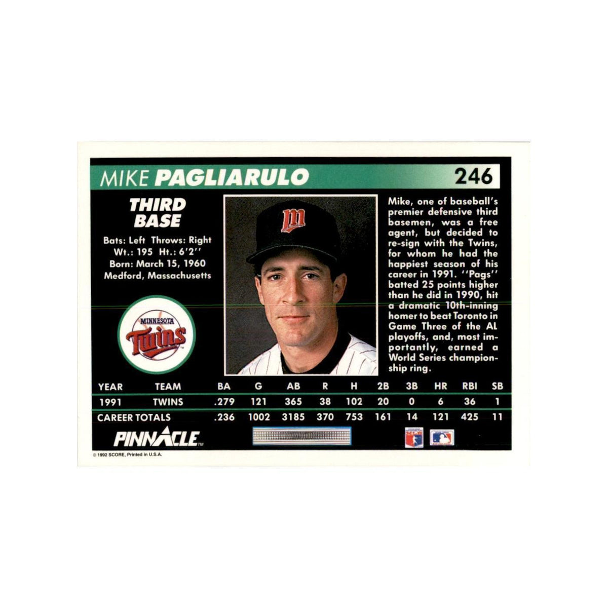 1992 Pinnacle Mike Pagliarulo Baseball Cards #246