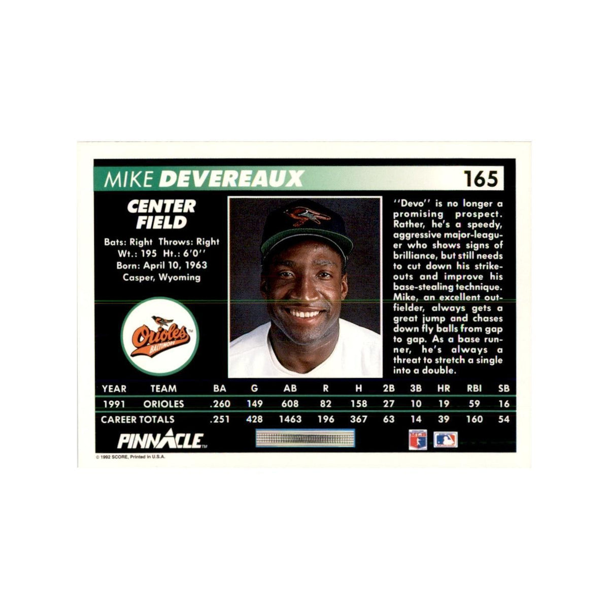 1992 Pinnacle Mike Devereaux Baseball Cards #165