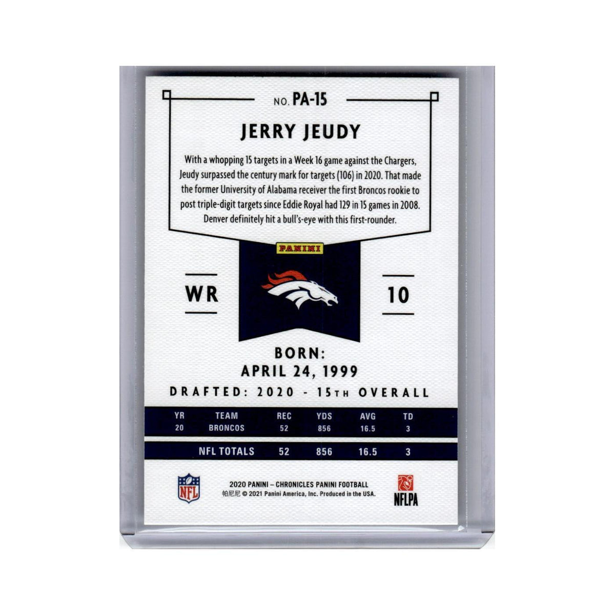 Jerry Jeudy Rookie 2020 Panini Chronicles #PA-15 Denver Broncos Football Card NM