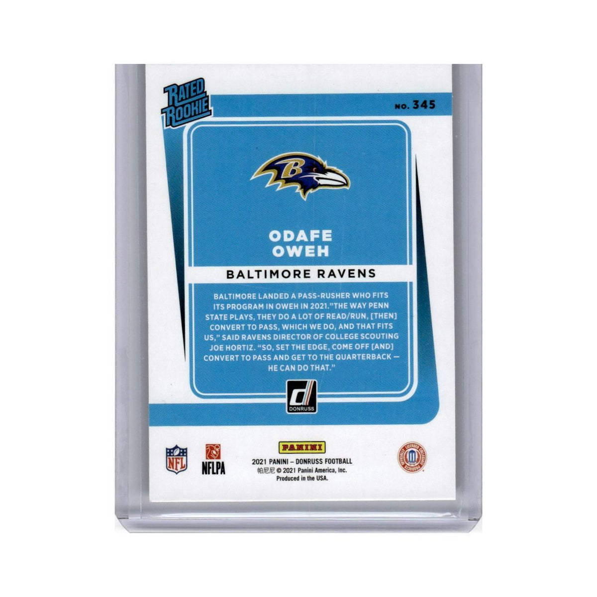 Odafe Oweh 2021 Donruss Rated Rookies #345 Baltimore Ravens Football Card NM