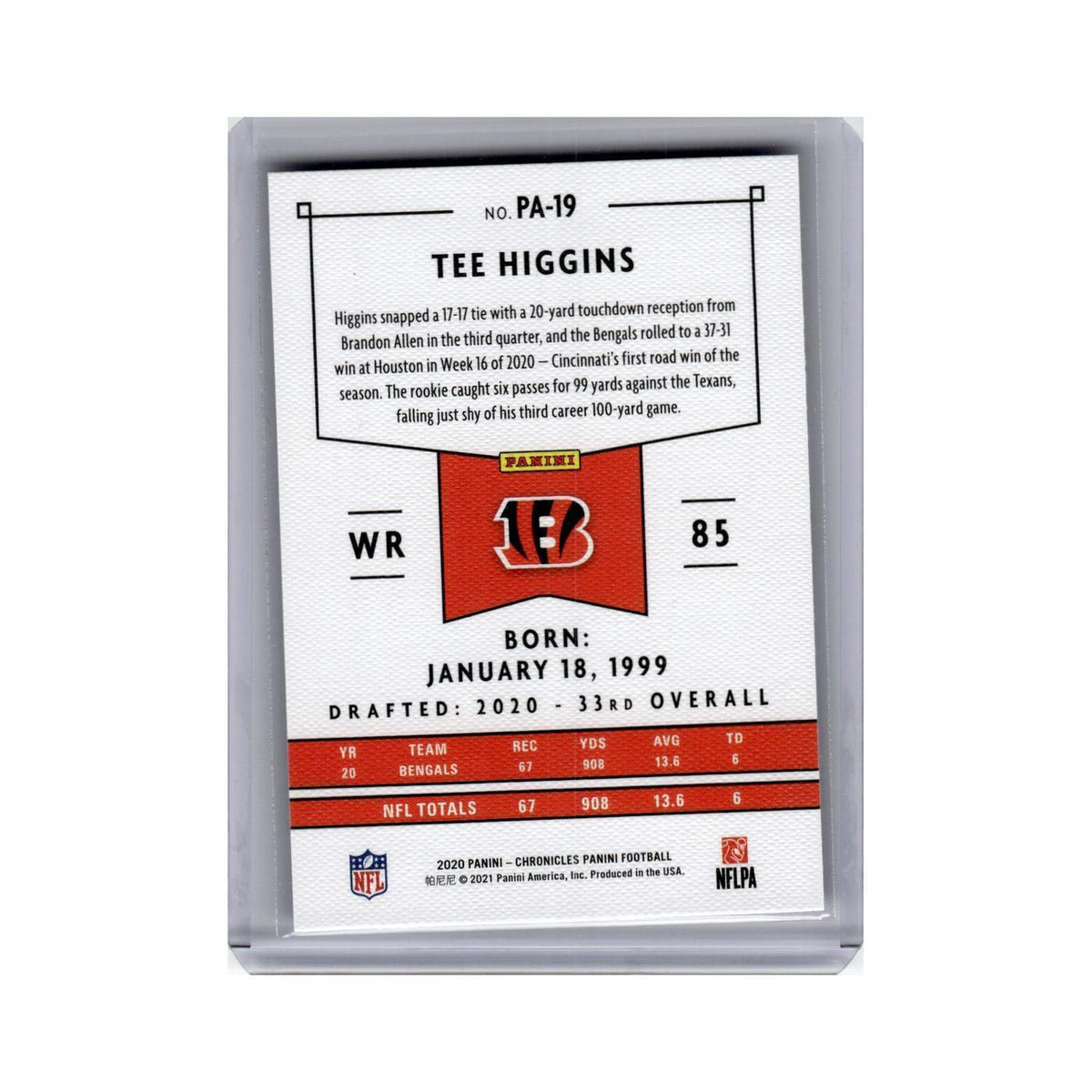 Tee Higgins 2020 Panini Chronicles #PA-19 Cincinnati Bengals Football Card NM