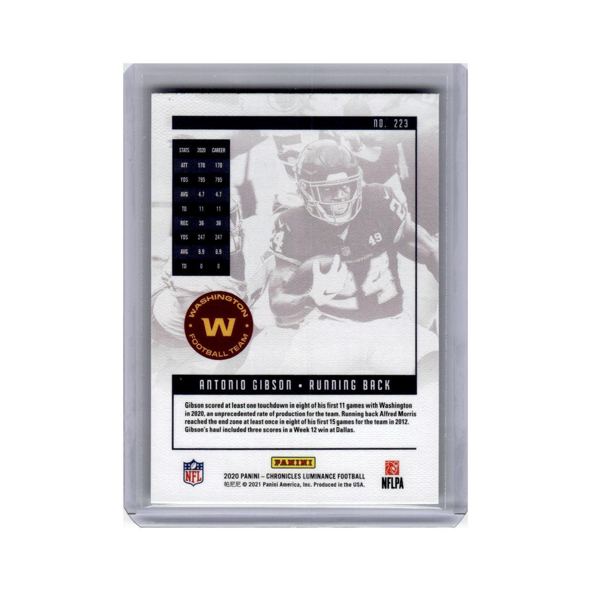 Antonio Gibson Rookie 2020 Panini Chronicles Luminance #223 Washington NM