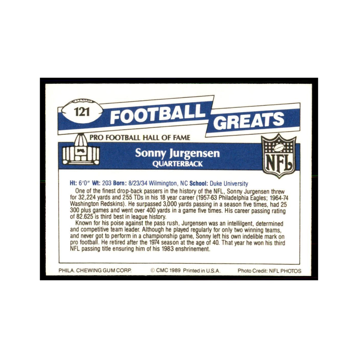 1989 CMC Swell Sonny Jurgensen Football Cards #121