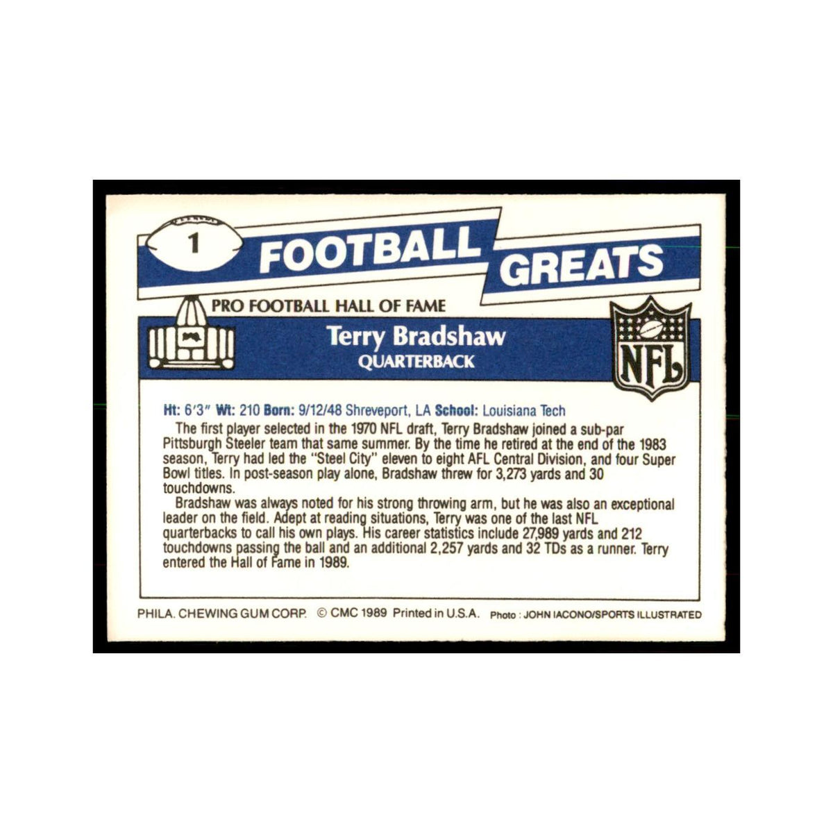 1989 CMC Swell Terry Bradshaw Football Cards #1