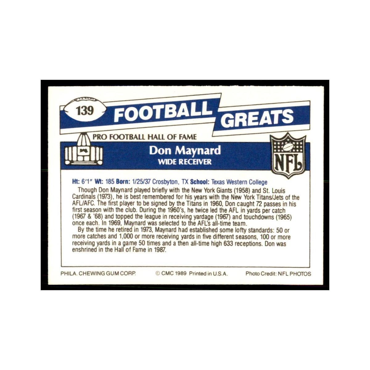 1989 CMC Swell Don Maynard Football Cards #139