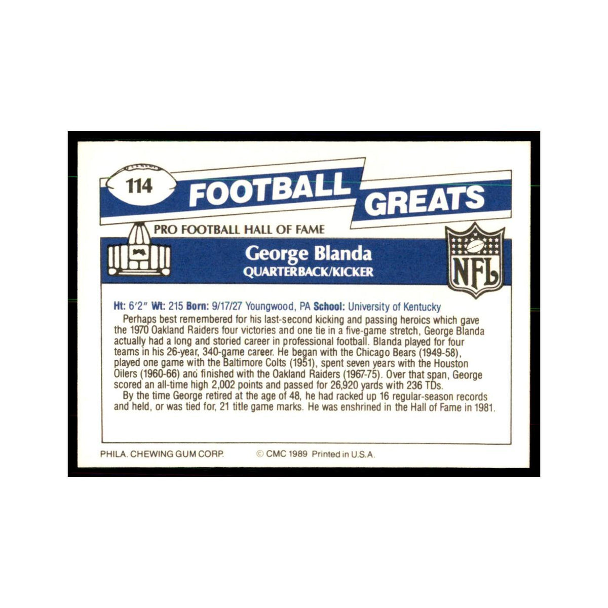1989 CMC Swell George Blanda Football Cards #114
