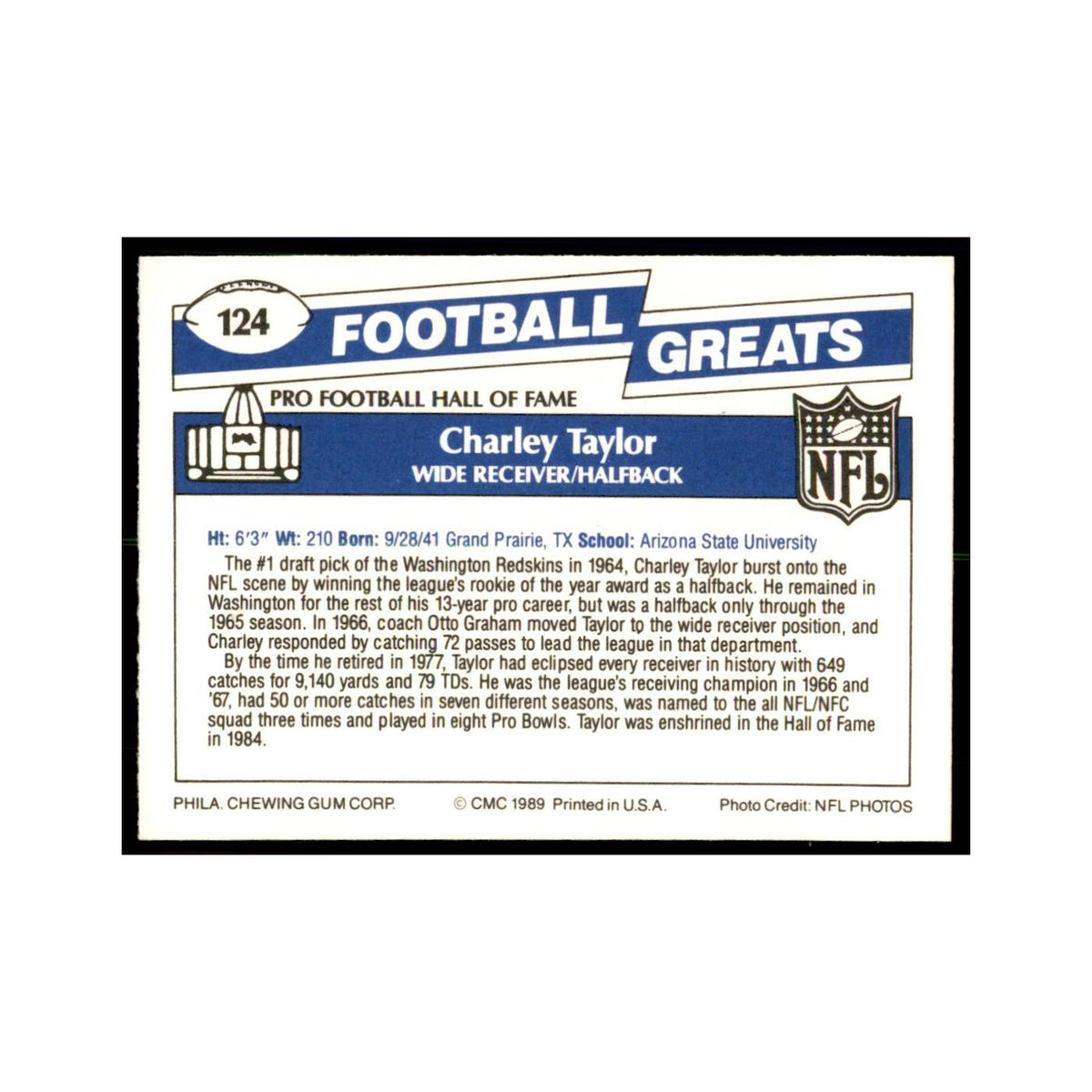 1989 CMC Swell Charley Taylor Football Cards #124