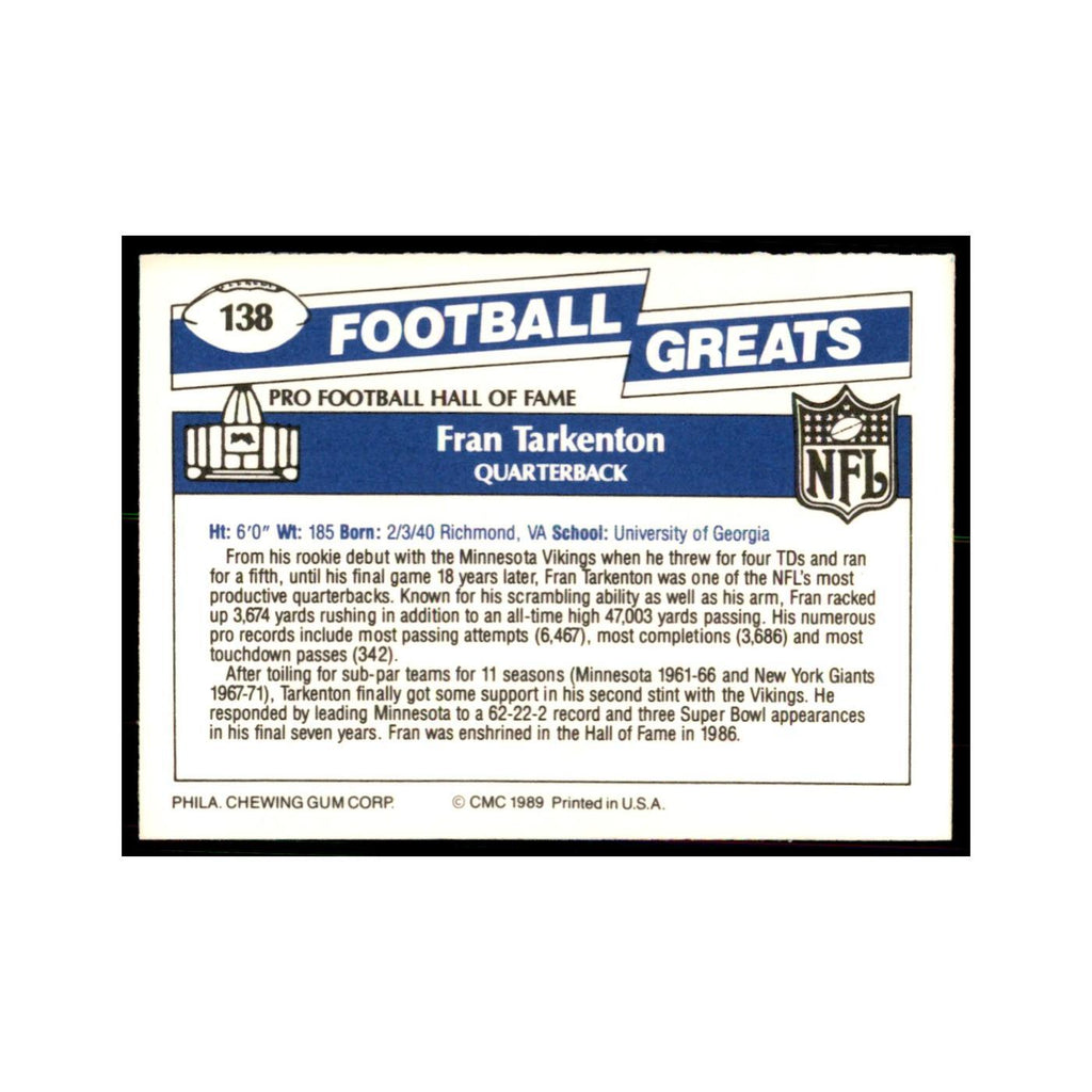 1989 CMC Swell Fran Tarkenton Football Cards #138