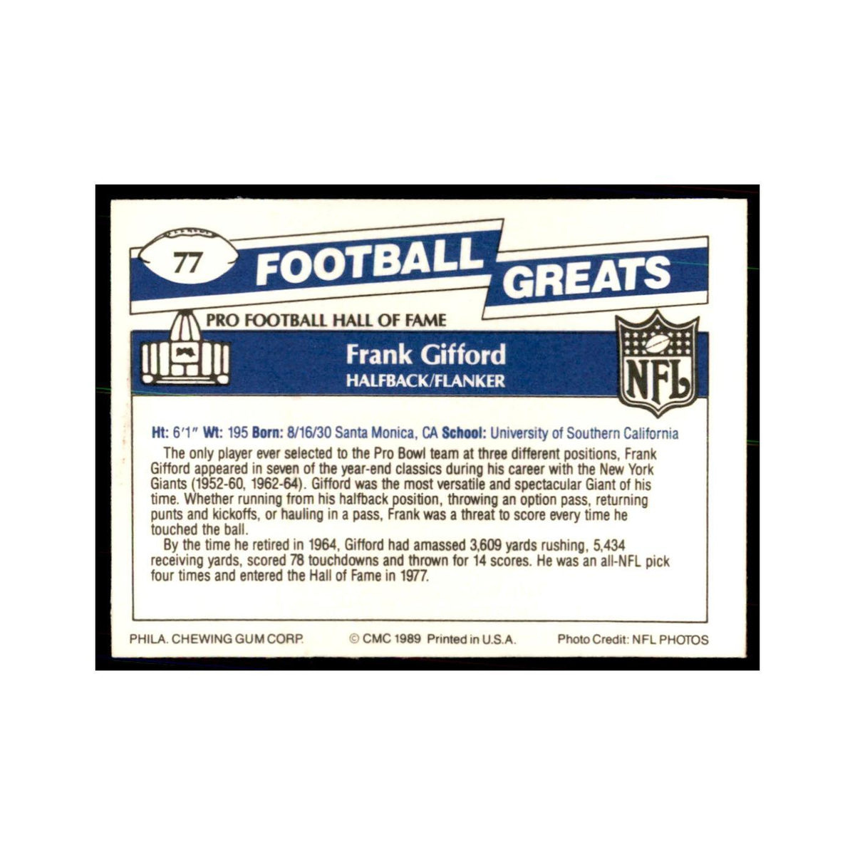 1989 CMC Swell Frank Gifford Football Cards #77
