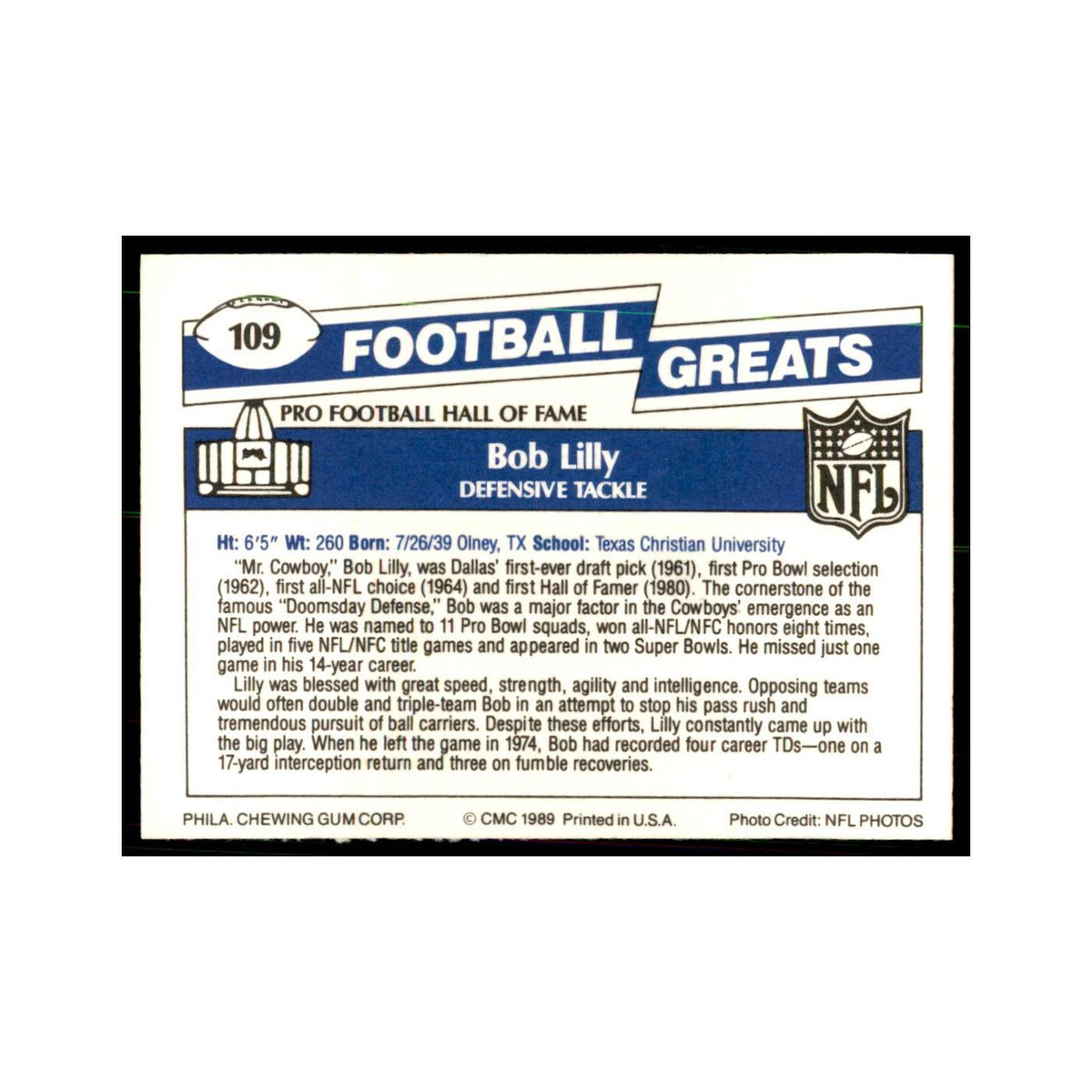 1989 CMC Swell Bob Lilly Football Cards #109