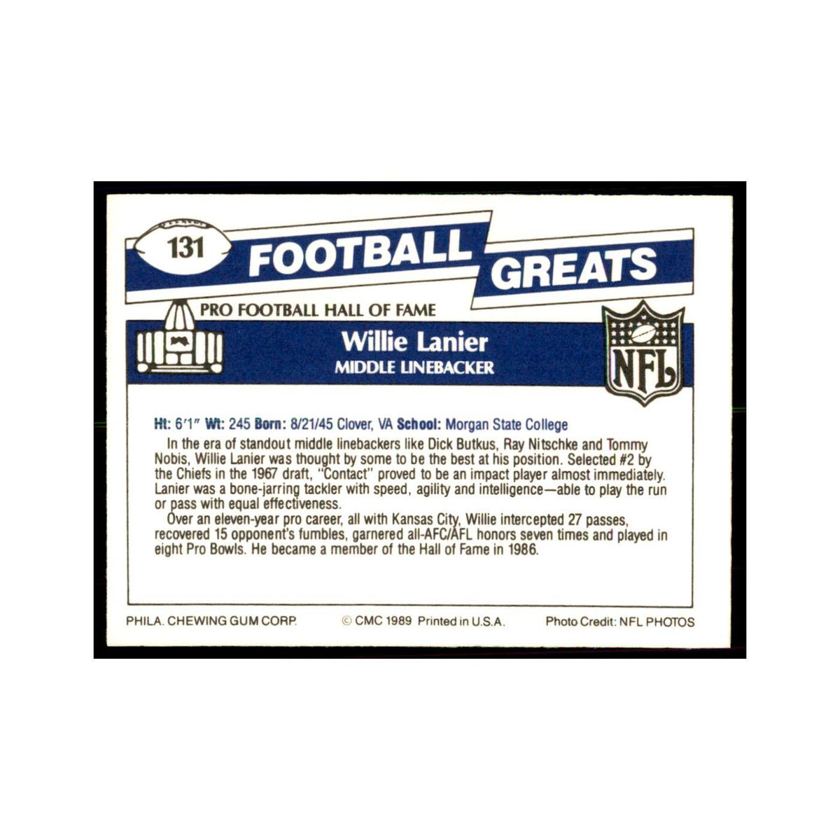 1989 CMC Swell Willie Lanier Football Cards #131