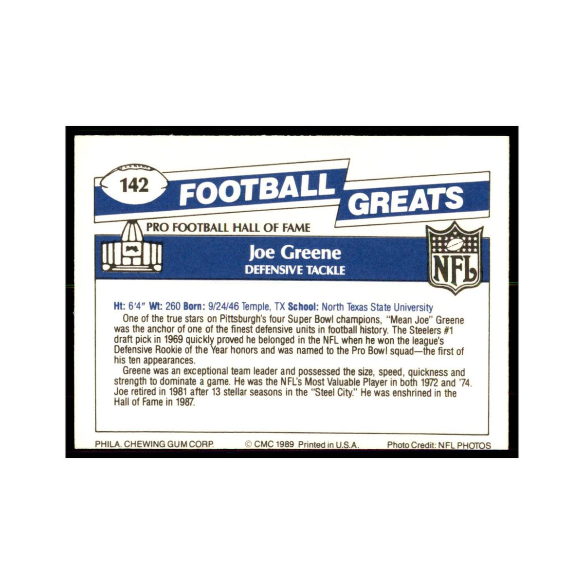 1989 CMC Swell Joe Greene Football Cards #142