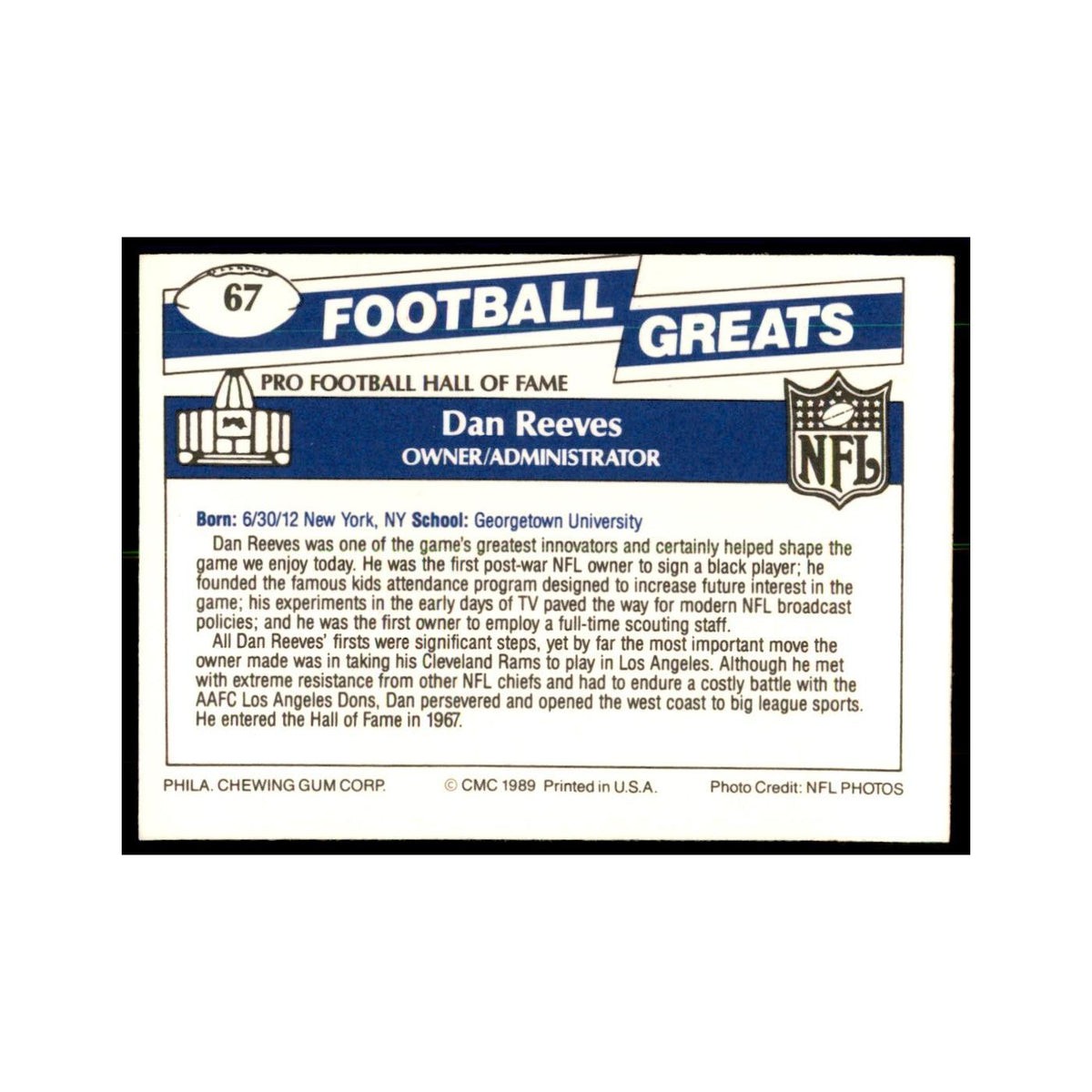 1989 CMC Swell Dan Reeves Football Cards #67