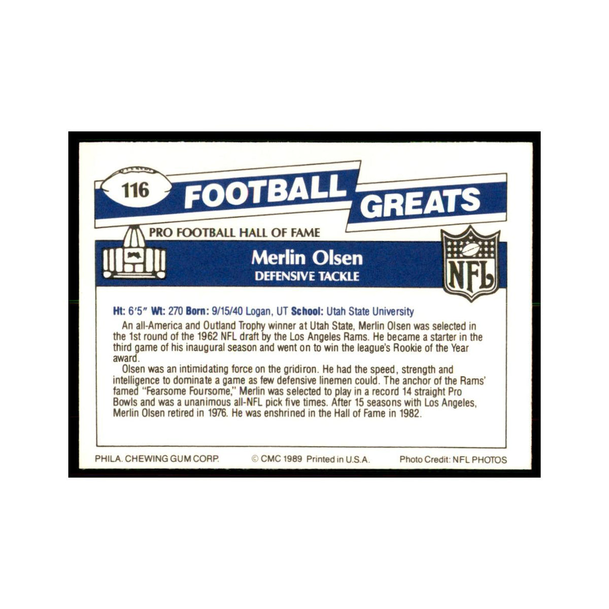 1989 CMC Swell Merlin Olsen Football Cards #116