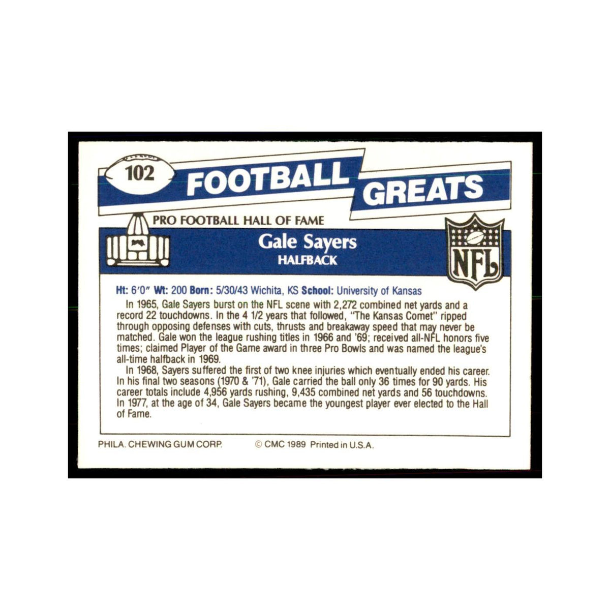 1989 CMC Swell Gale Sayers Football Cards #102