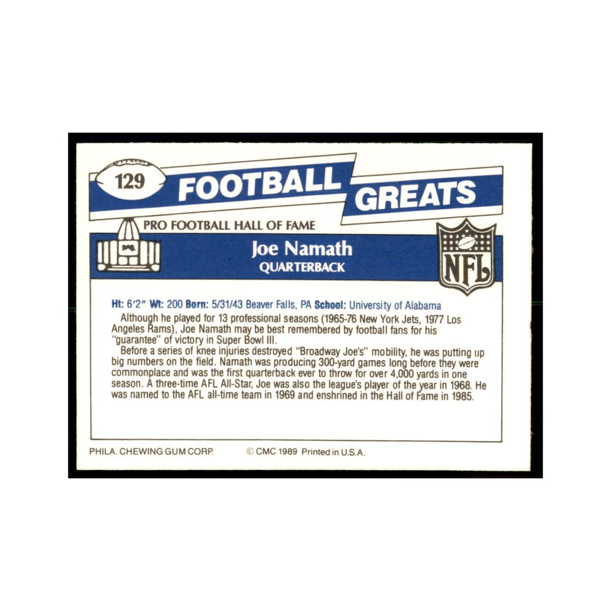 1989 CMC Swell Joe Namath Football Cards #129