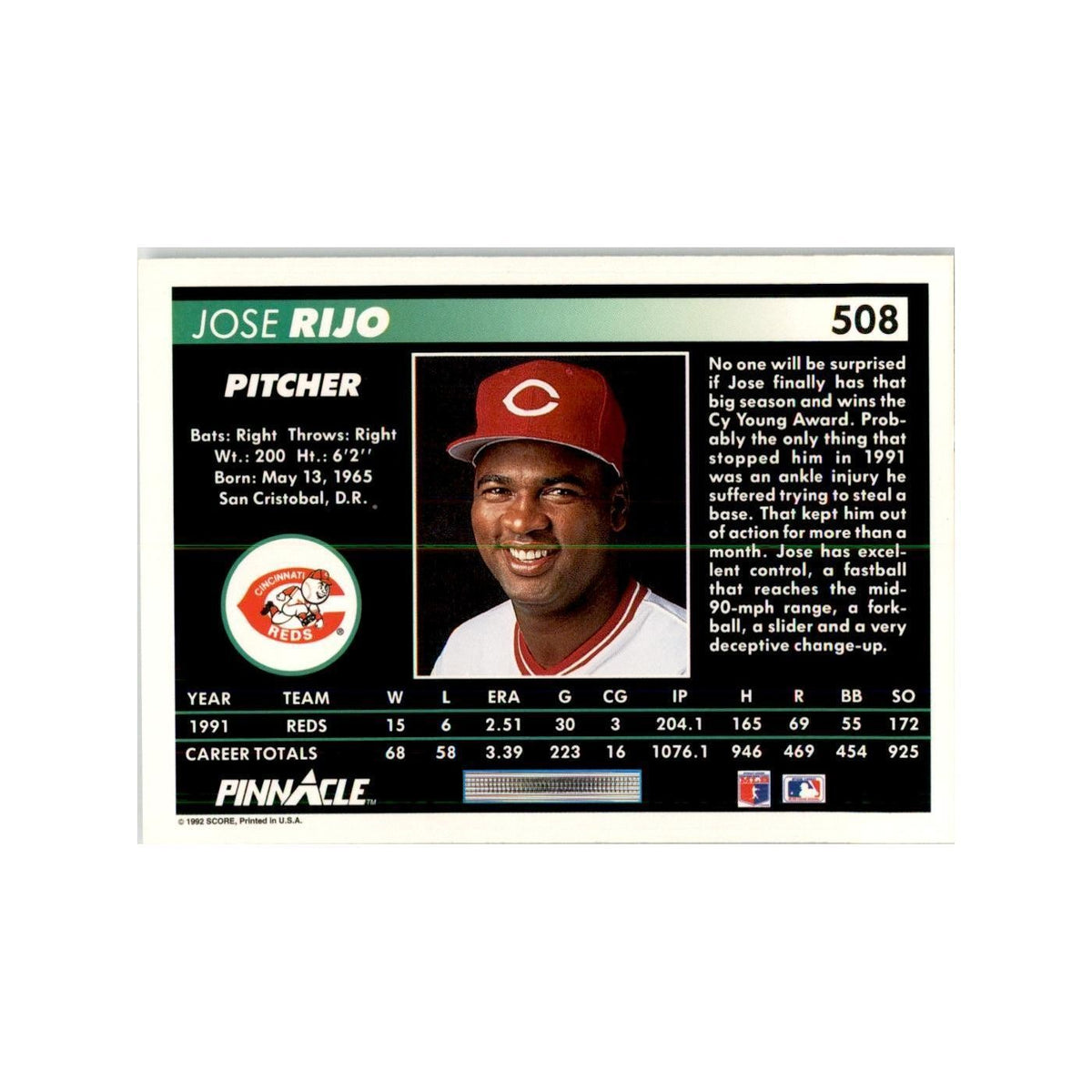 1992 Pinnacle Jose Rijo Baseball Cards #508