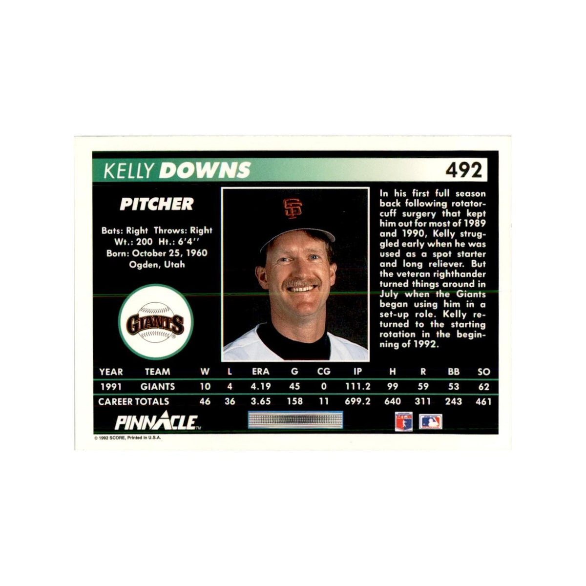1992 Pinnacle Kelly Downs Baseball Cards #492