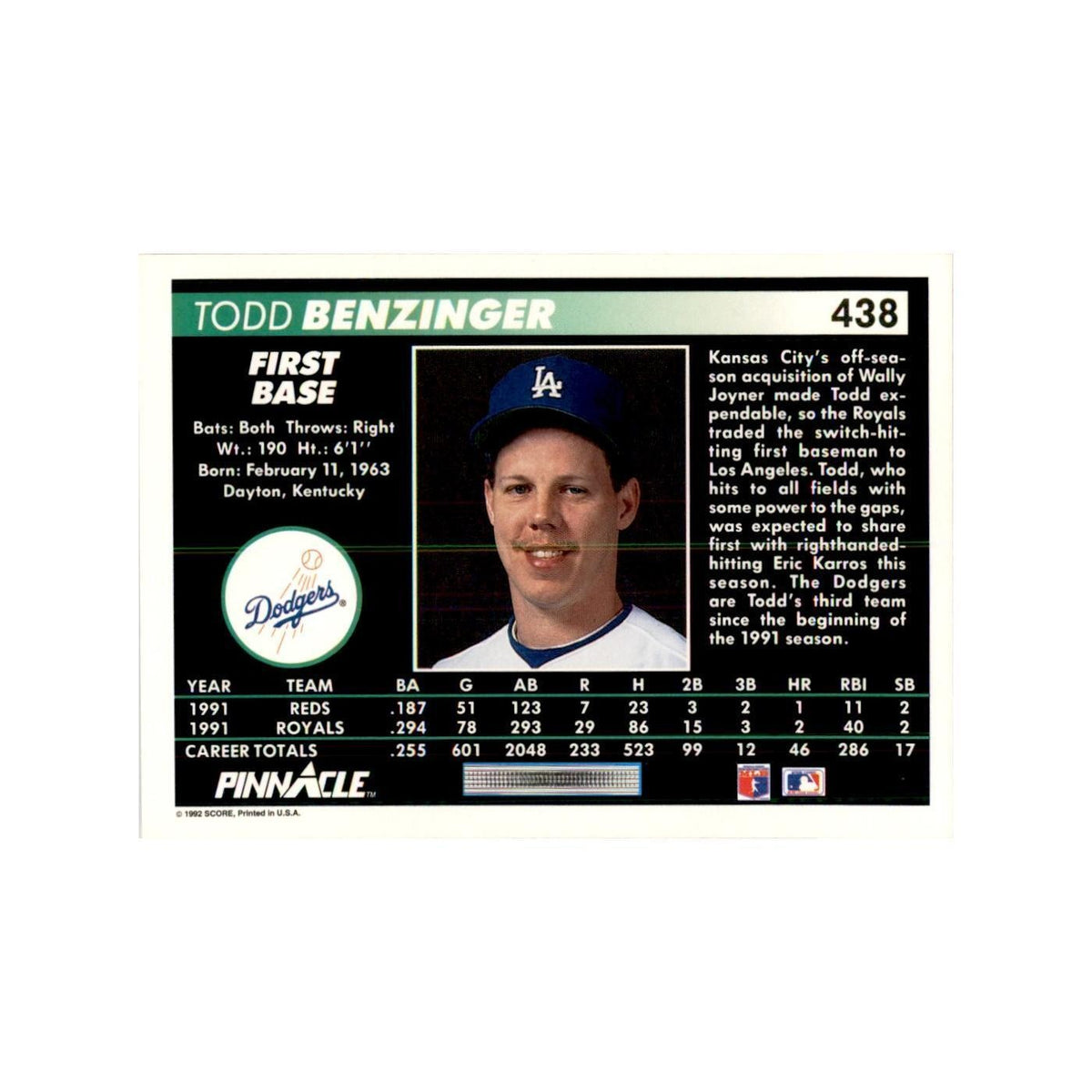 1992 Pinnacle Todd Benzinger Baseball Cards #438