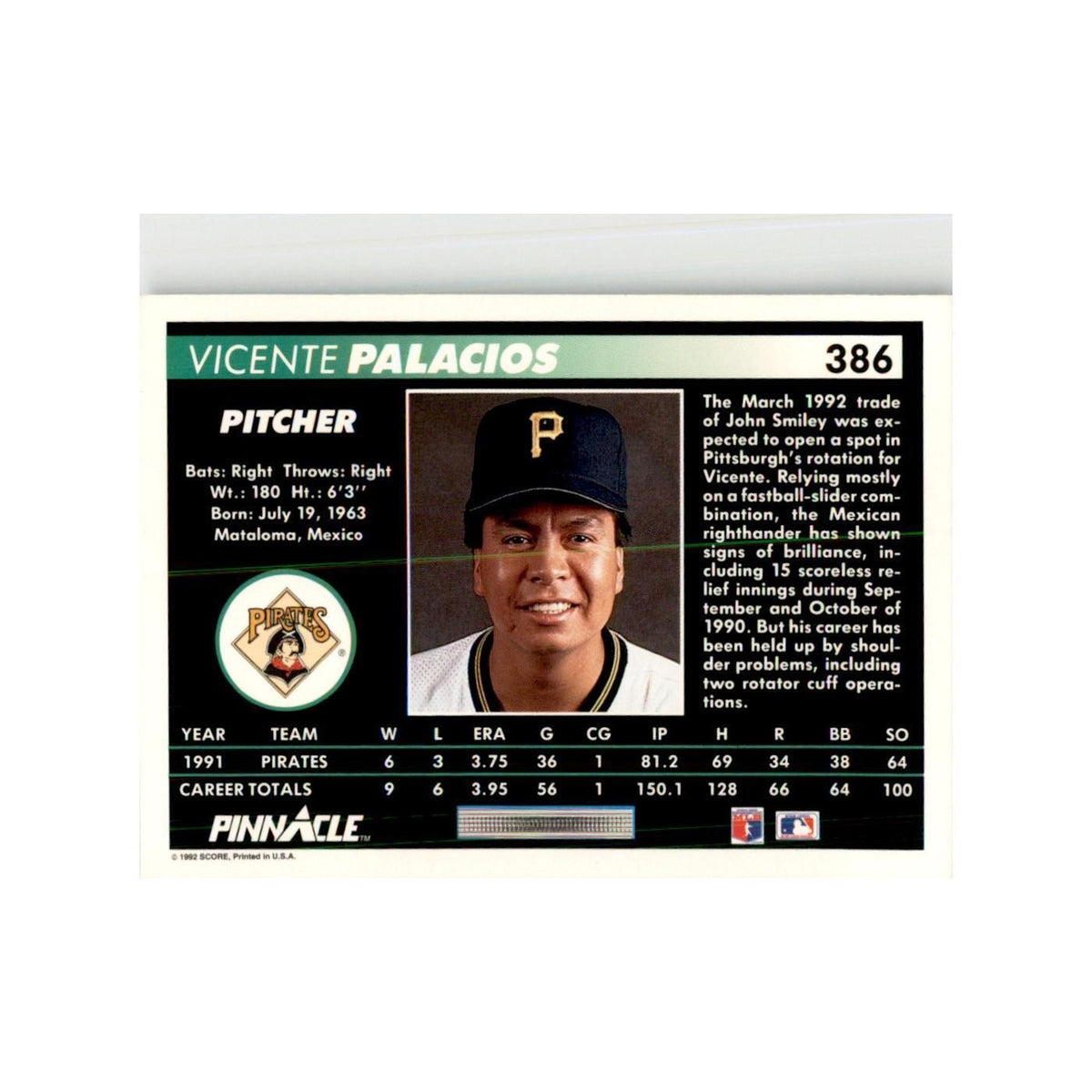1992 Pinnacle Vicente Palacios Baseball Cards #386