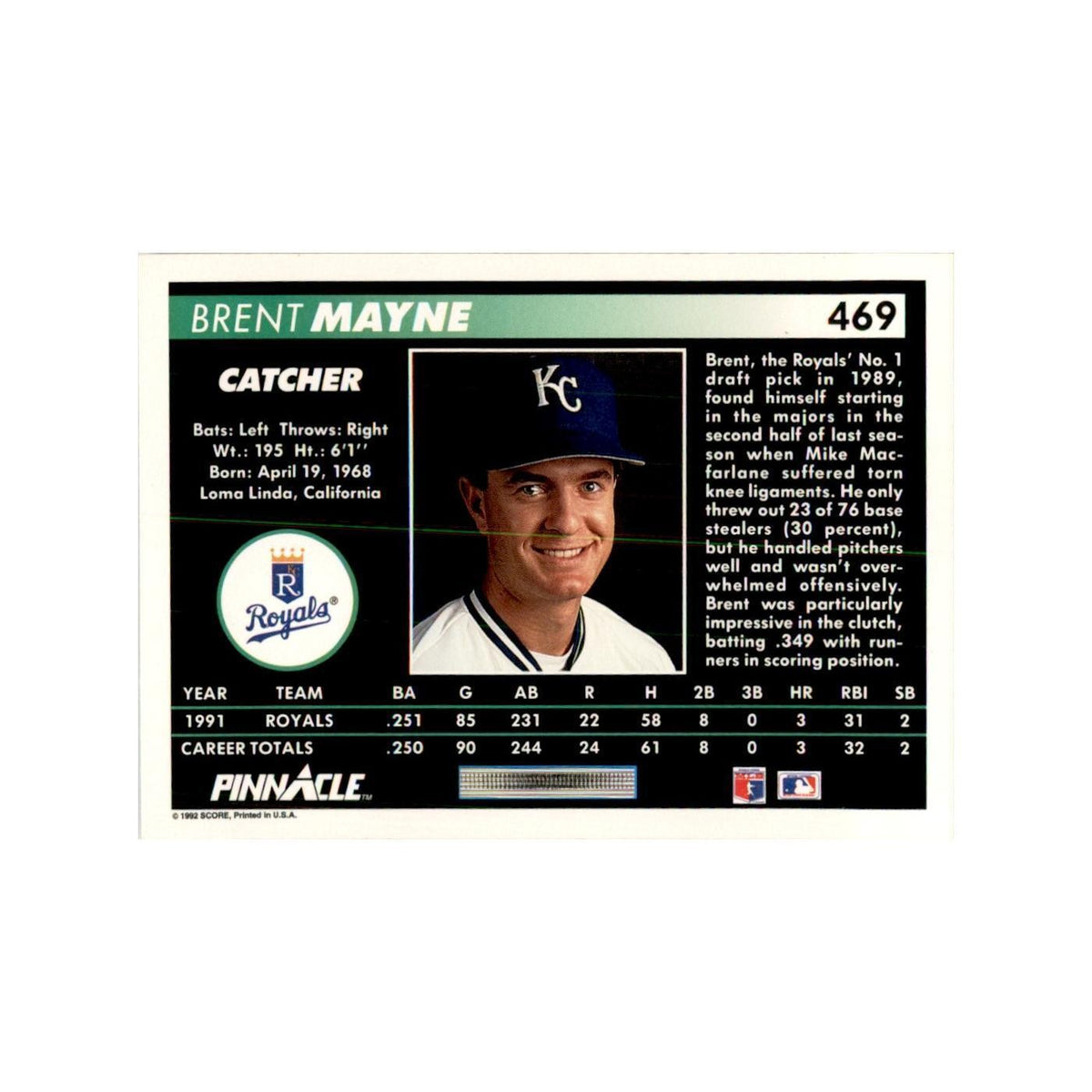 1992 Pinnacle Brent Mayne Baseball Cards #469