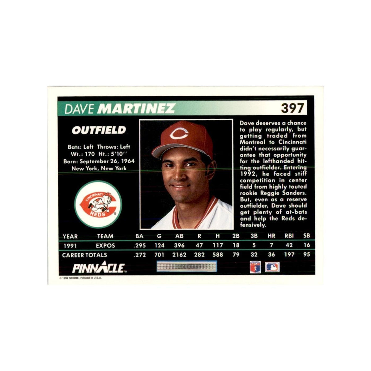 1992 Pinnacle Dave Martinez Baseball Cards #397