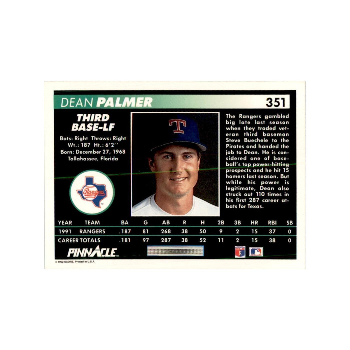 1992 Pinnacle Dean Palmer Baseball Cards #351