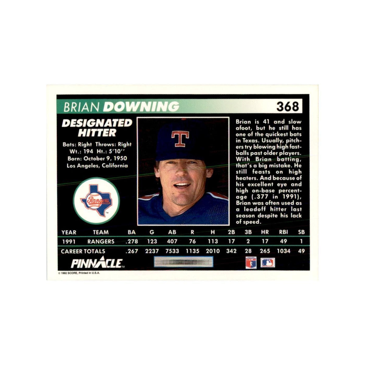 1992 Pinnacle Brian Downing Baseball Cards #368