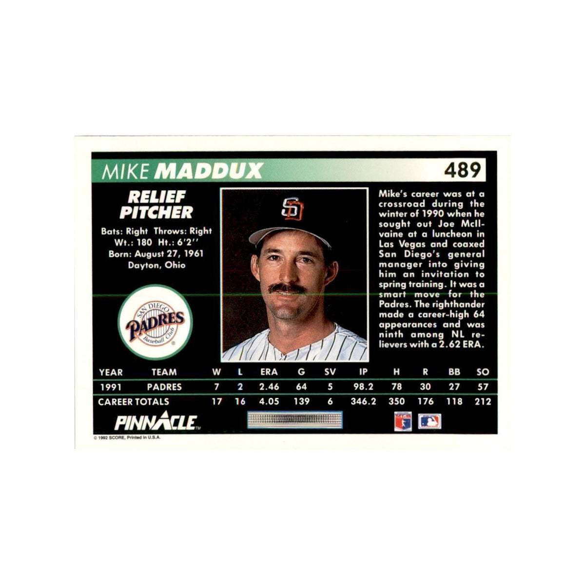 1992 Pinnacle Mike Maddux Baseball Cards #489