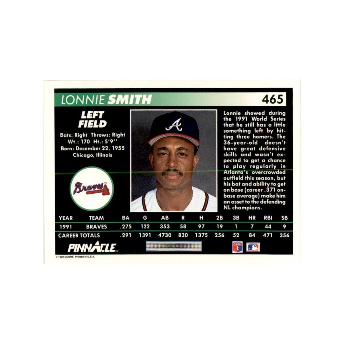 1992 Pinnacle Lonnie Smith Baseball Cards #465