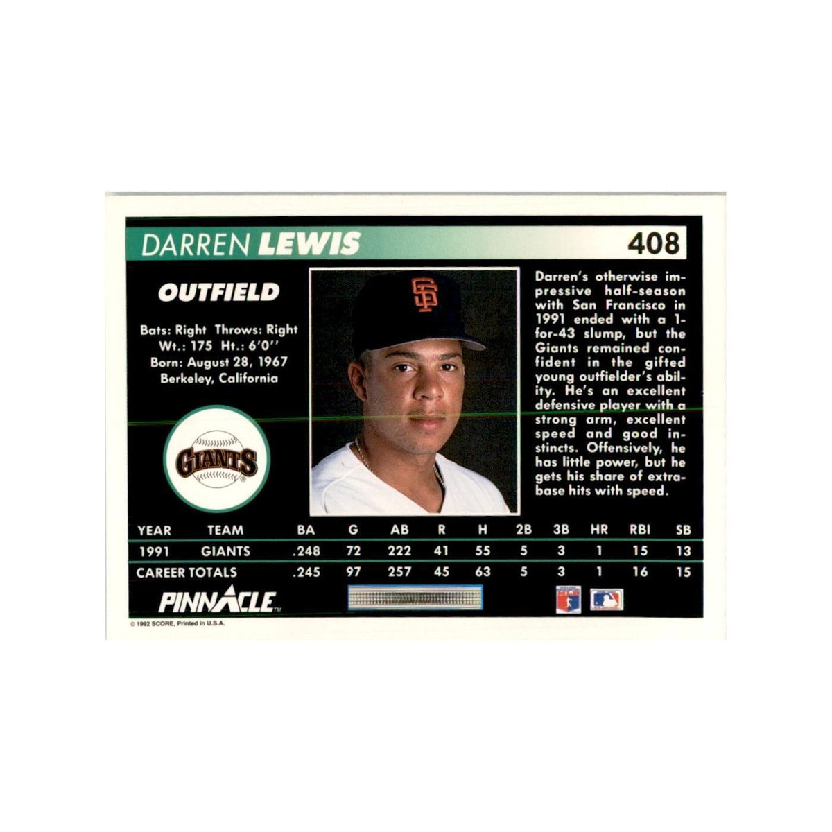 1992 Pinnacle Darren Lewis Baseball Cards #408
