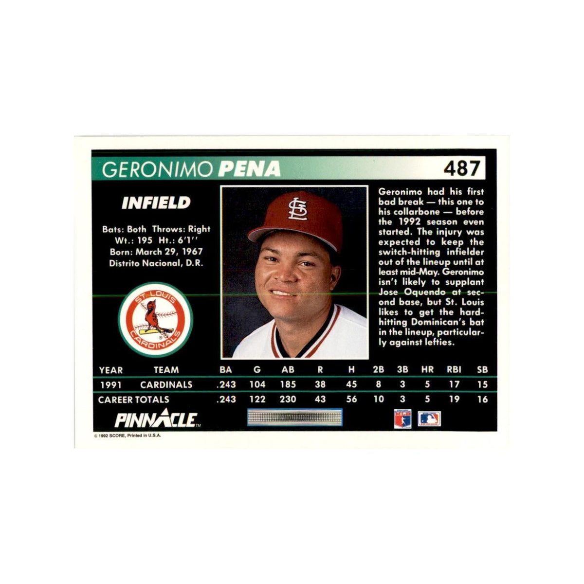 1992 Pinnacle Geronimo Pena Baseball Cards #487