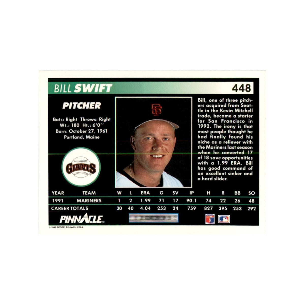 1992 Pinnacle Bill Swift Baseball Cards #448