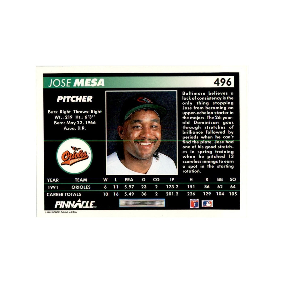1992 Pinnacle Jose Mesa Baseball Cards #496