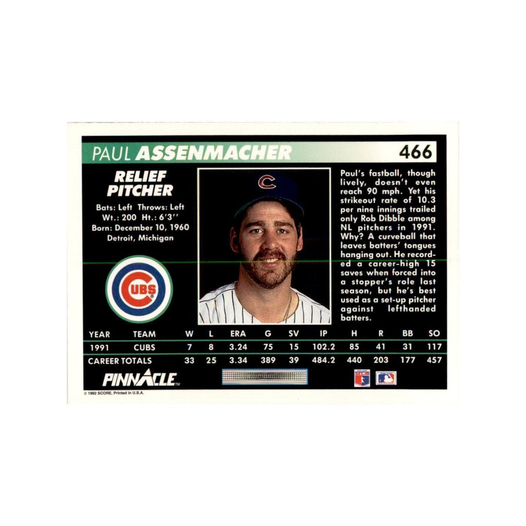 1992 Pinnacle Paul Assenmacher Baseball Cards #466