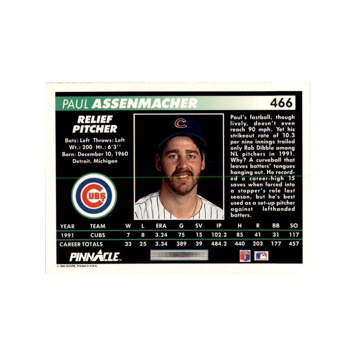1992 Pinnacle Paul Assenmacher Baseball Cards #466
